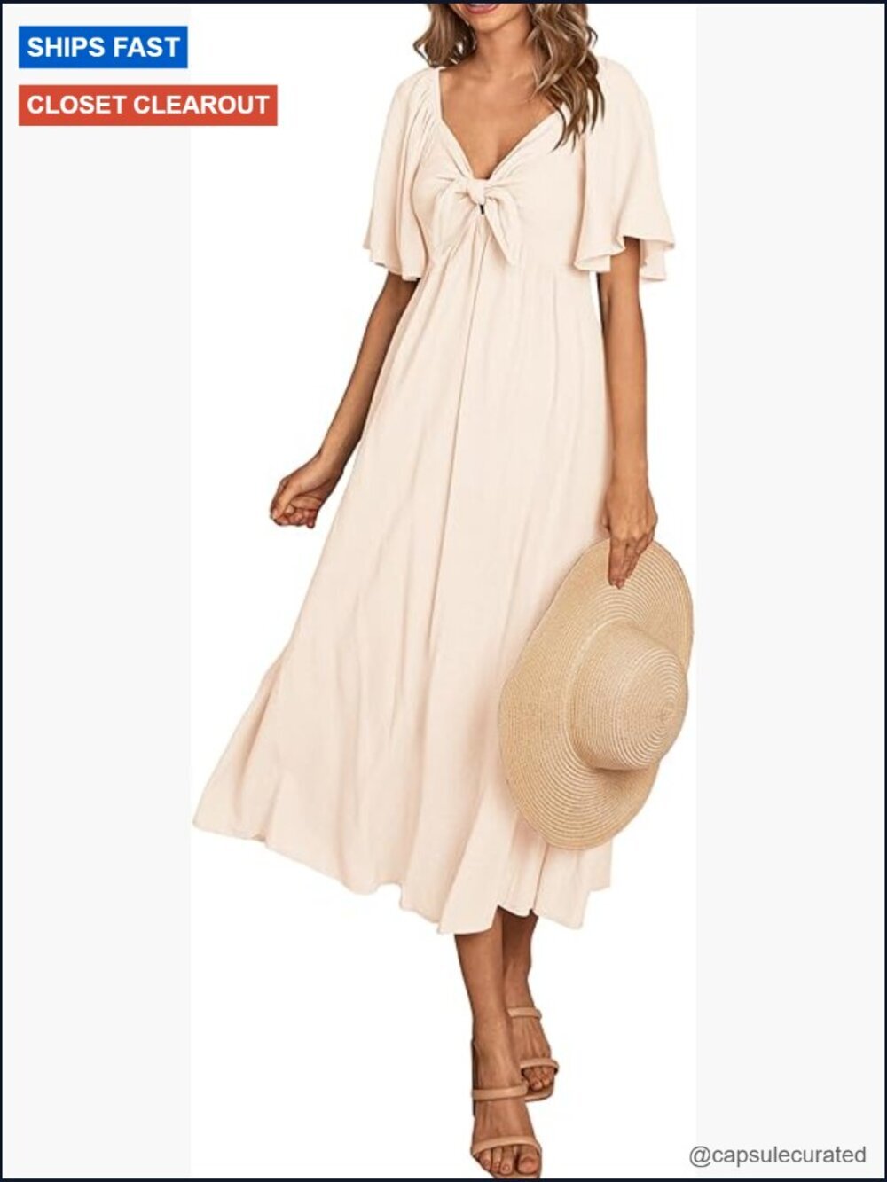 Short Sleeve V Neck Bow Tie Ruffle Midi Flowy A Line Summer Dress